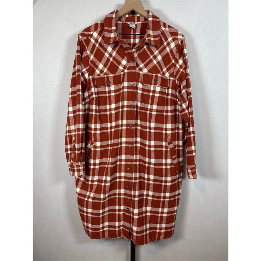 Duluth Trading Folklore Flannel Duster Womens 2X Orange White Long Jacket